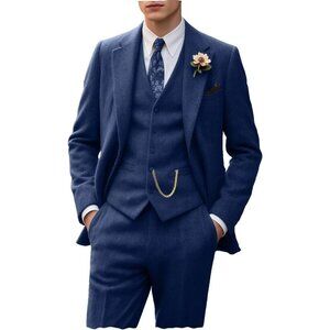Men's Navy Blue 3 Piece Slim Fit Herringbone Suit Groom Tuxedo Wedding Set